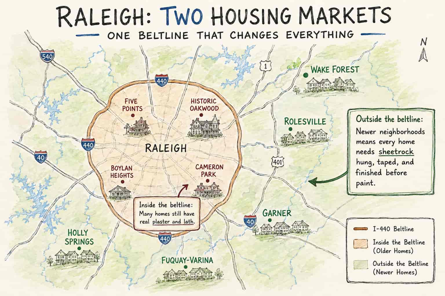 Drywall repair and installation map of Raleigh NC: plaster and lath homes inside the I-440 Beltline near Five Points, new drywall construction outside it in Wake Forest, Garner, and Holly Springs